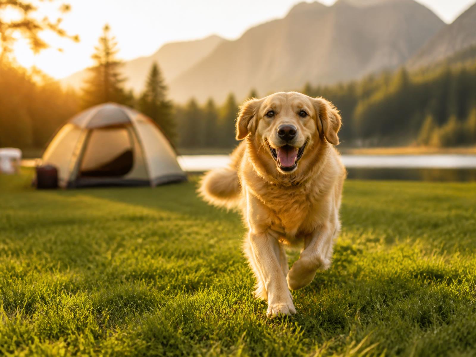 Cachorro correndo feliz na grama perto de uma barraca de camping