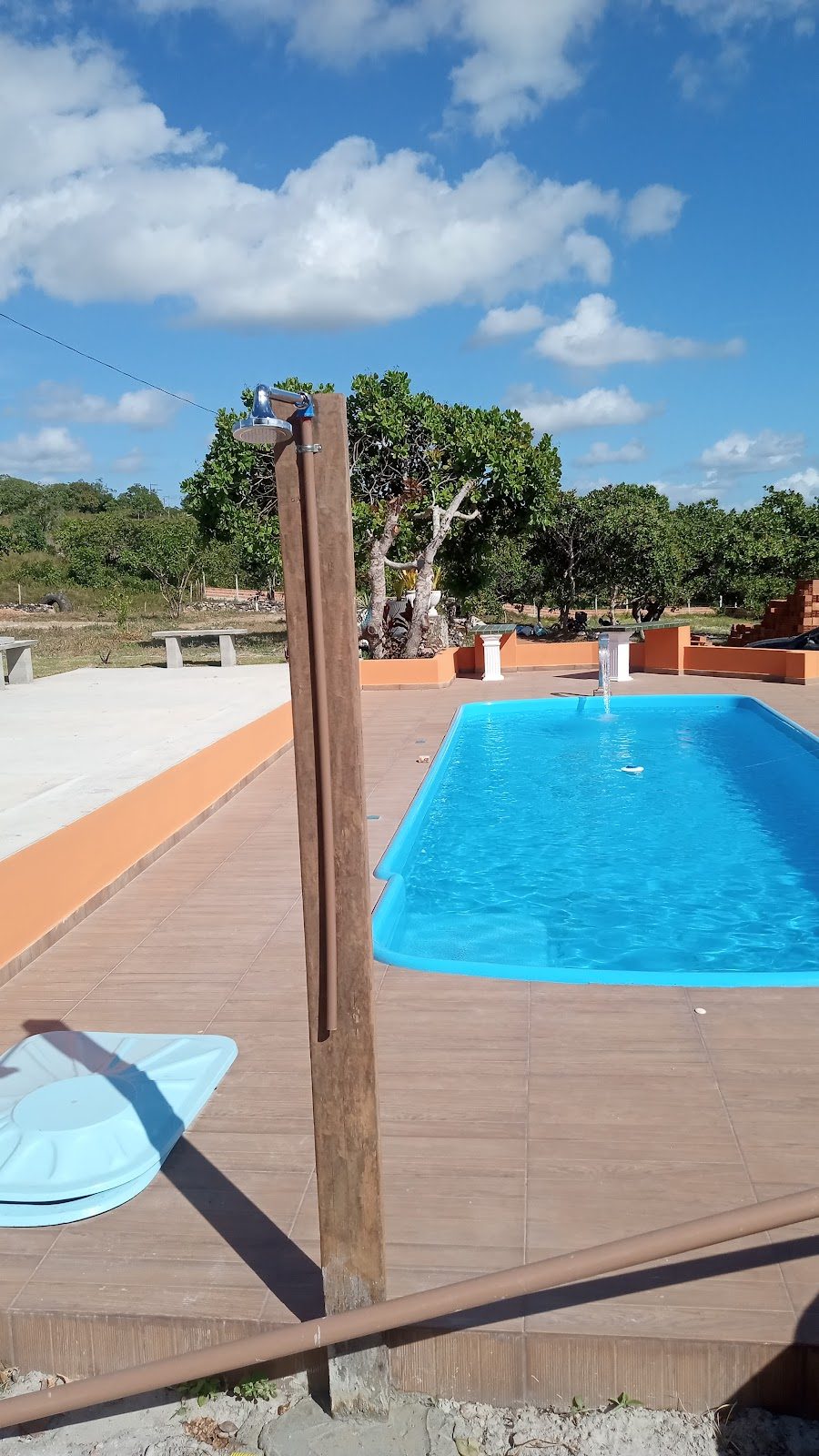 Piscina de água azul com deck e árvores ao fundo em dia de céu limpo